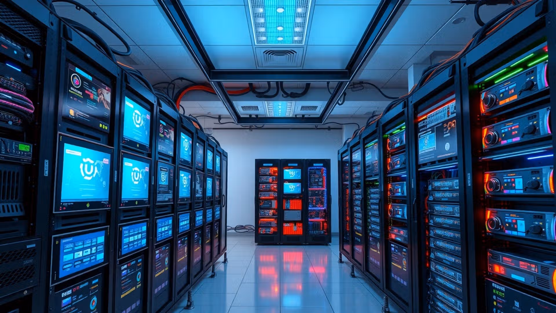 Salle de serveurs modernes pour le streaming vidéo avec des équipements de haute technologie.