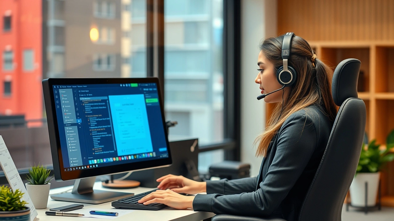 représentant du support client au bureau avec un ordinateur
