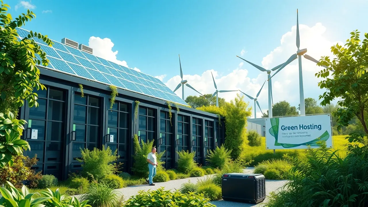 Une illustration photoréaliste d'un centre de données respectueux de l'environnement.