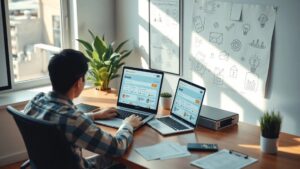 Une personne utilisant un ordinateur pour vérifier la disponibilité des noms de domaine.