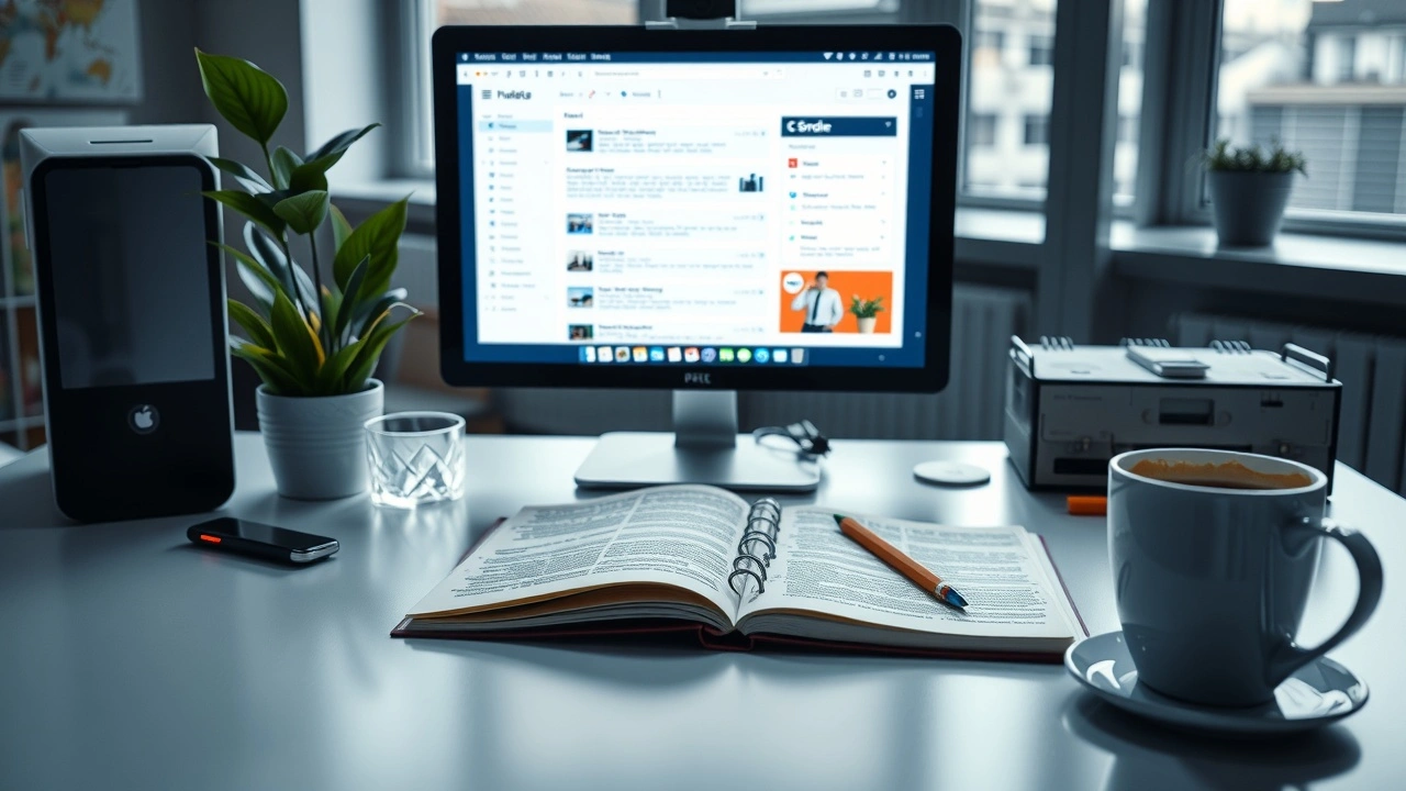 bureau moderne avec ordinateur et applications email