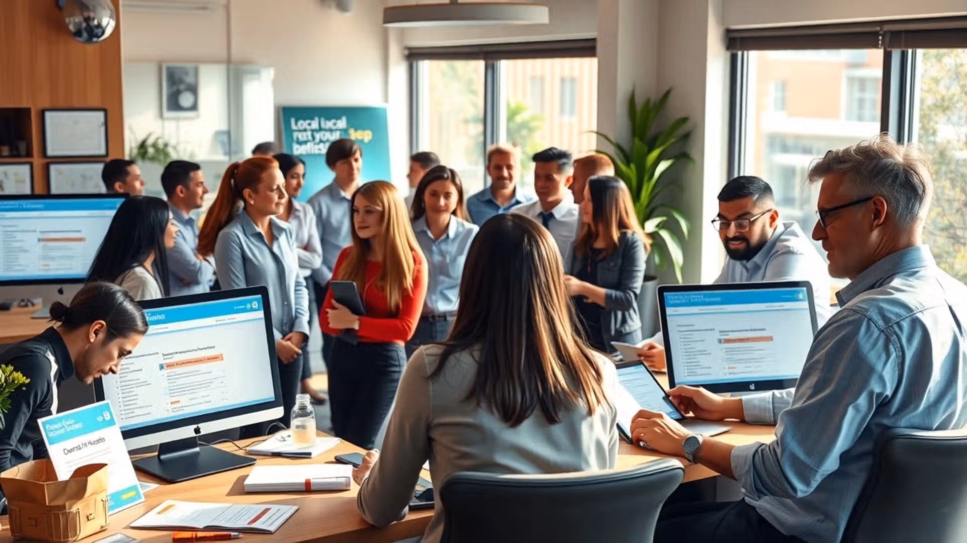 Une image montrant un bureau d'enregistrement de noms de domaine local avec des discussions et un consultant aidant des clients.