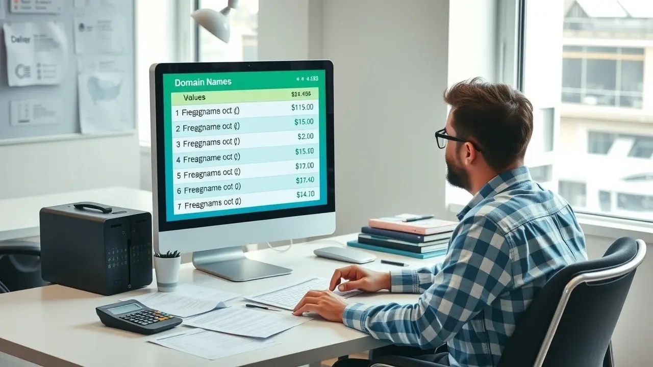 Une personne analysant des noms de domaine sur un ordinateur dans un bureau moderne.