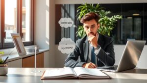 Un professionnel réfléchissant à des choix de noms de domaine dans un bureau moderne.