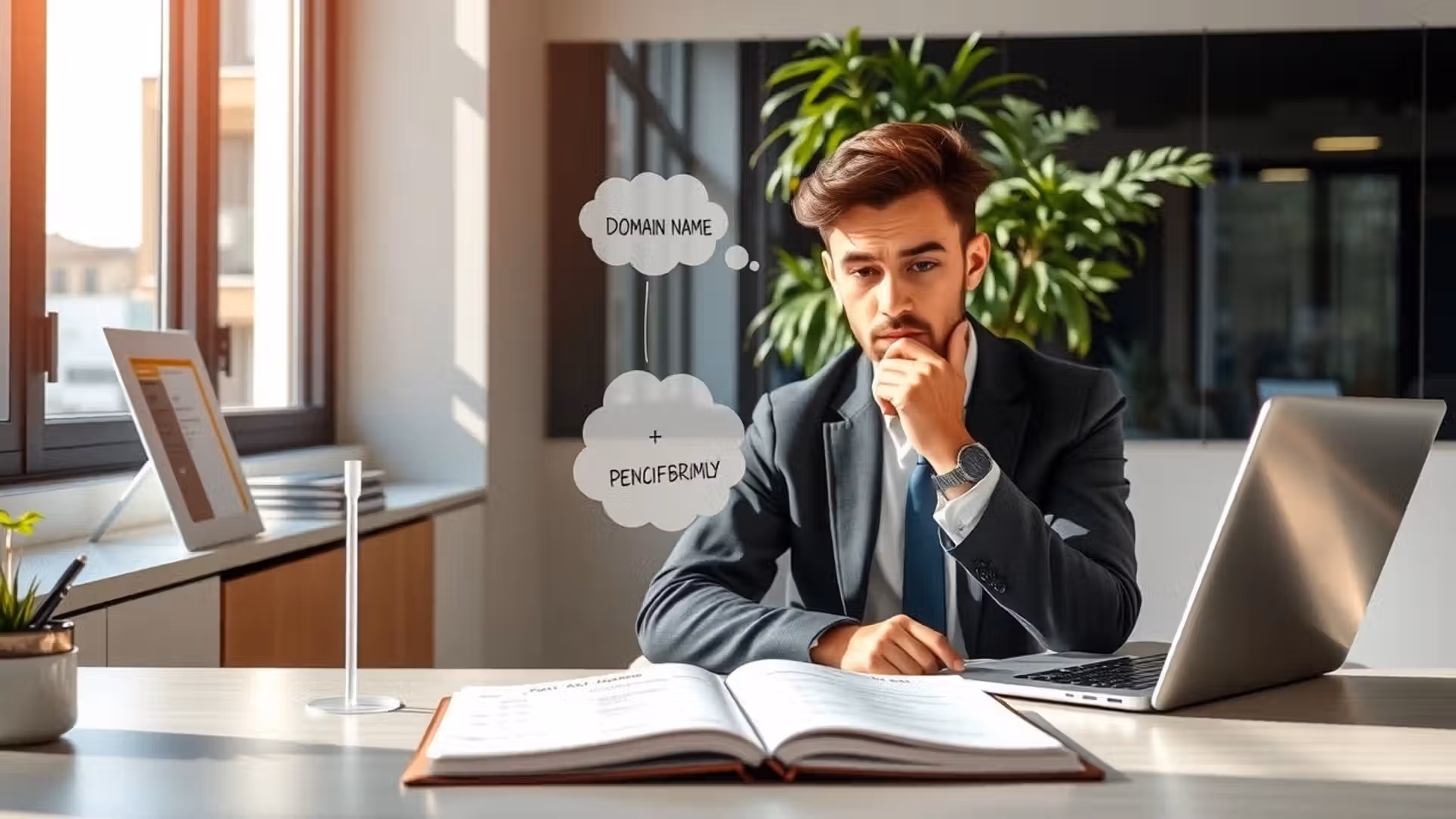 Un professionnel réfléchissant à des choix de noms de domaine dans un bureau moderne.