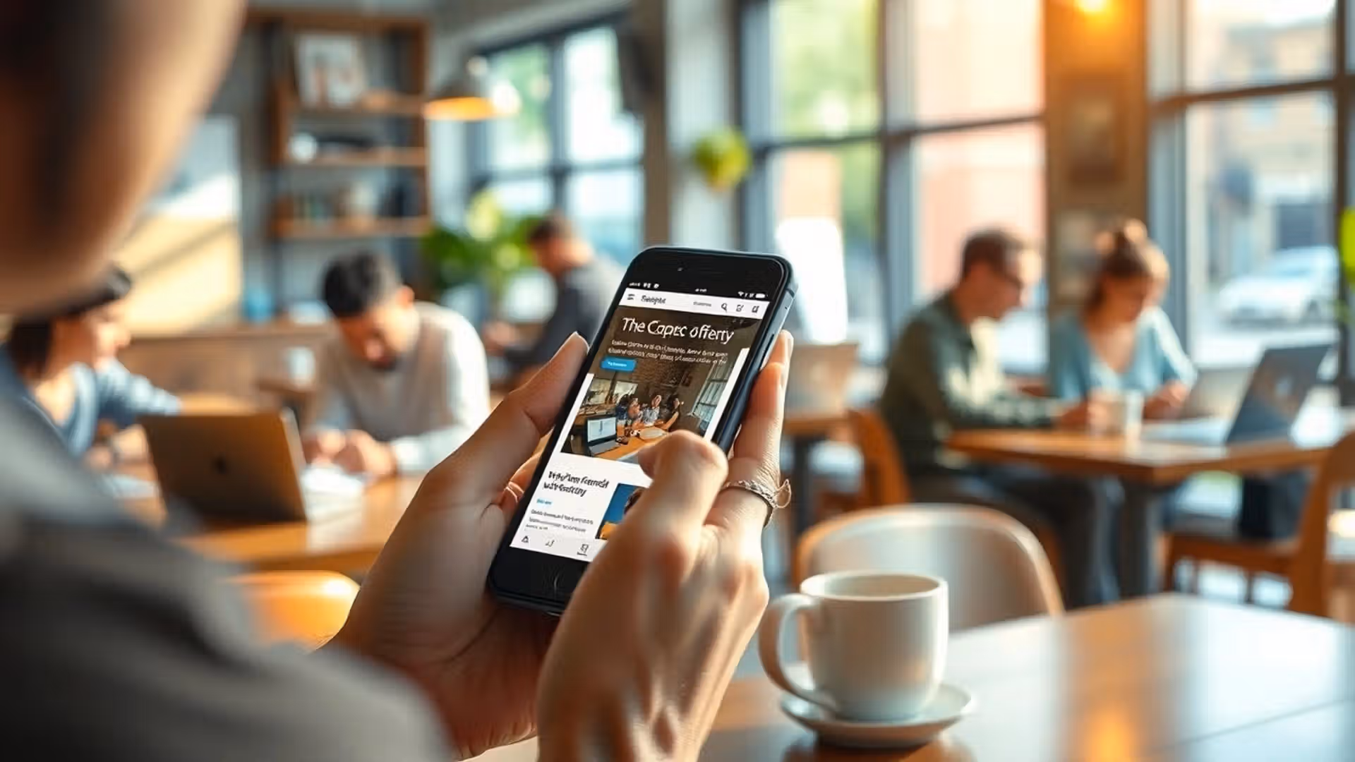 Une scène de travail avec une personne utilisant un smartphone dans un café, montrant un site web adapté aux mobiles.