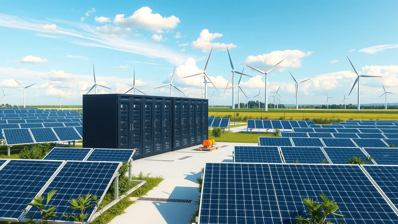 centre de données avec panneaux solaires et éoliennes