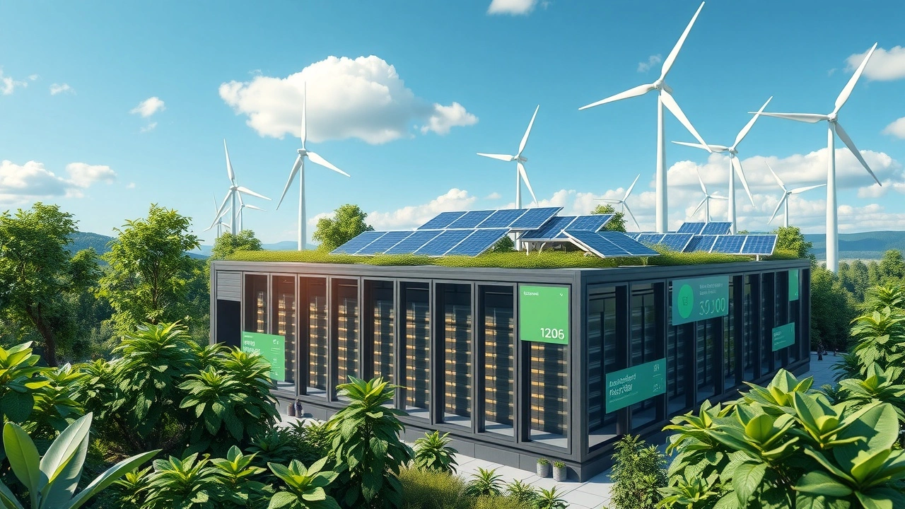 Un centre de données durable avec des panneaux solaires et des éoliennes en arrière-plan.