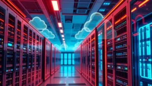 Illustration d'un centre de données moderne représentant le cloud hybride.