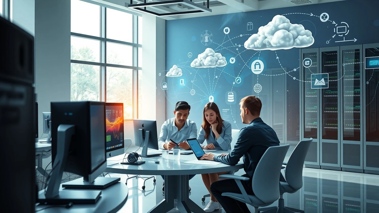 Image illustrant des solutions d'hébergement cloud hybride en France avec une équipe diverse dans un bureau moderne.