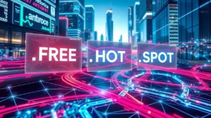 Une scène futuriste représentant les nouveaux gTLDs .FREE, .HOT et .SPOT lancés par Amazon Registry en 2025.