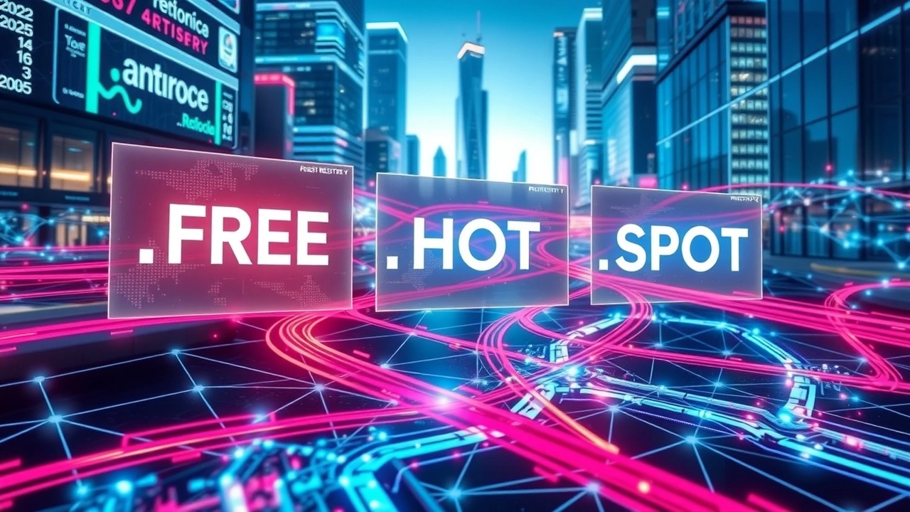 Une scène futuriste représentant les nouveaux gTLDs .FREE, .HOT et .SPOT lancés par Amazon Registry en 2025.