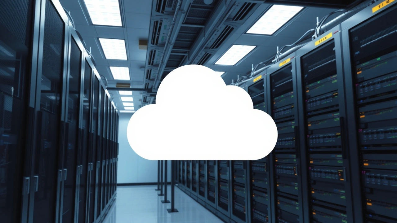 Salle de serveurs moderne avec cloud et serveurs physiques
