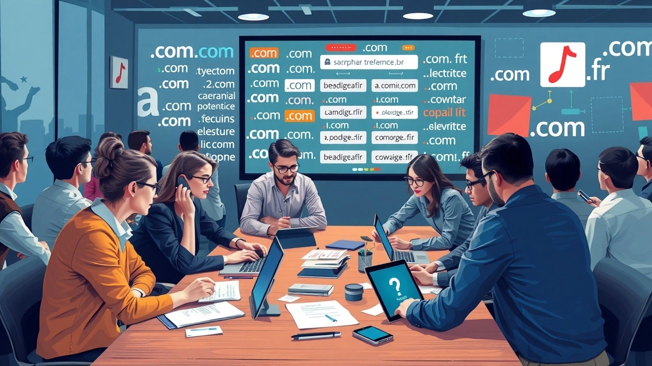 Une illustration photoréaliste d'une session de brainstorming pour choisir un nom de domaine unique.
