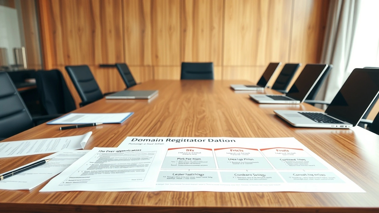 table de réunion avec documents d'inscription de domaine