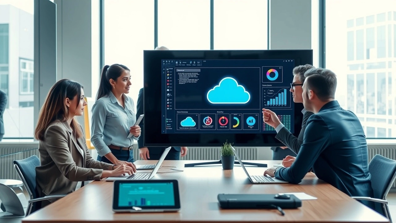Bureau moderne illustrant des services d'hébergement web avancés pour entreprises, avec des professionnels discutant autour d'un écran high-tech.