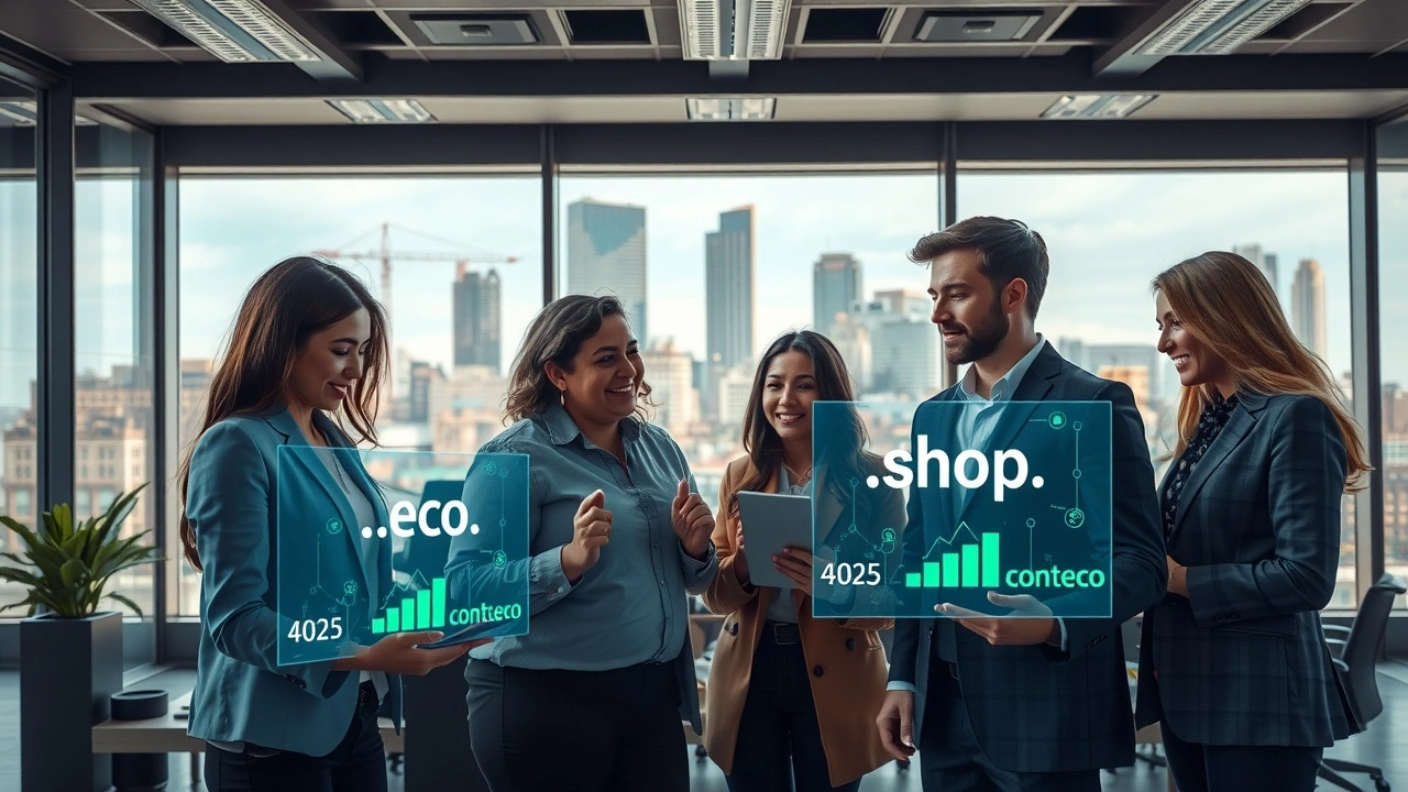 Une scène de bureau moderne illustrant des professionnels collaborant sur des technologies avancées en 2025.