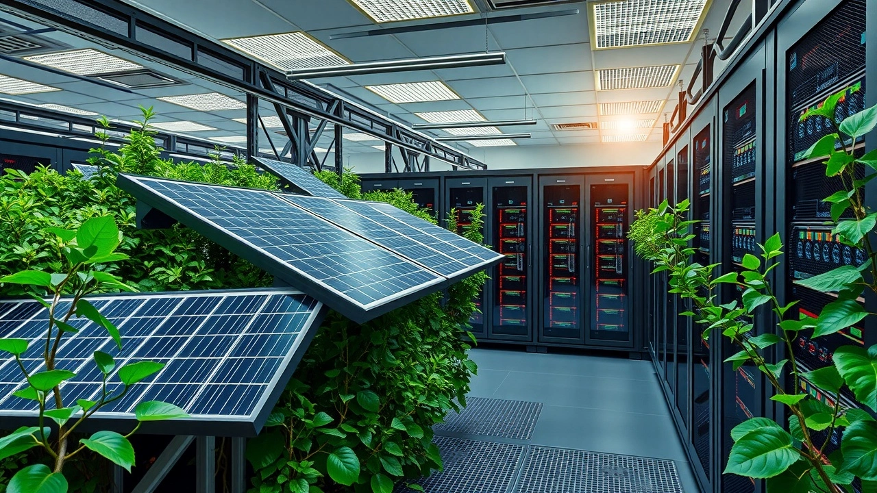 centre de donnees vert avec panneaux solaires et serveurs