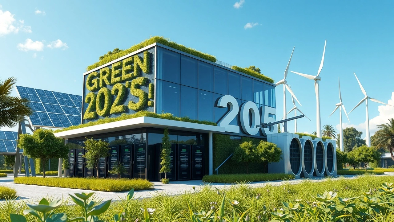 Un centre de données vert futuriste avec des panneaux solaires et des éoliennes, symbolisant l'hébergement web écologique en 2025.
