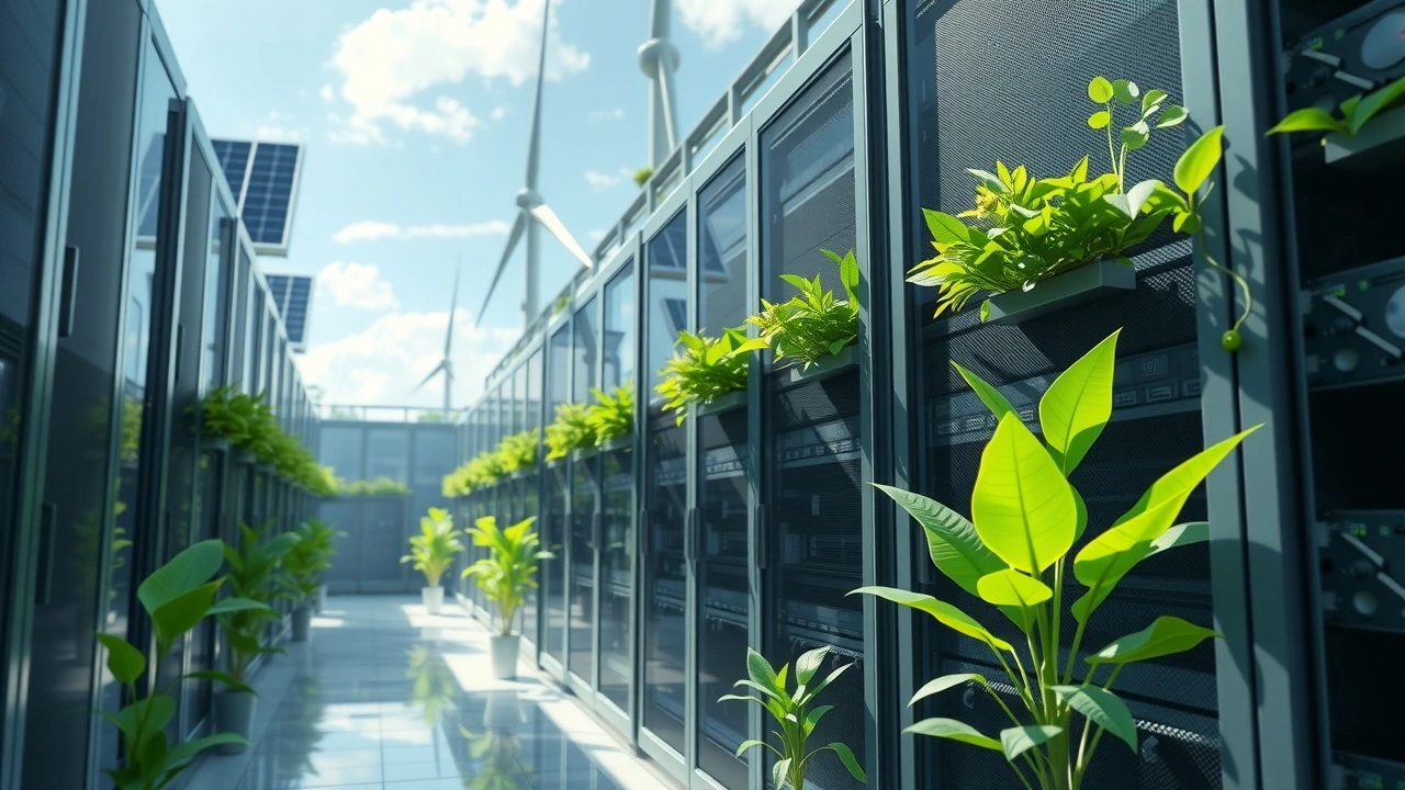 Une ferme de serveurs web écologique et futuriste en 2025, illustrant des technologies durables.
