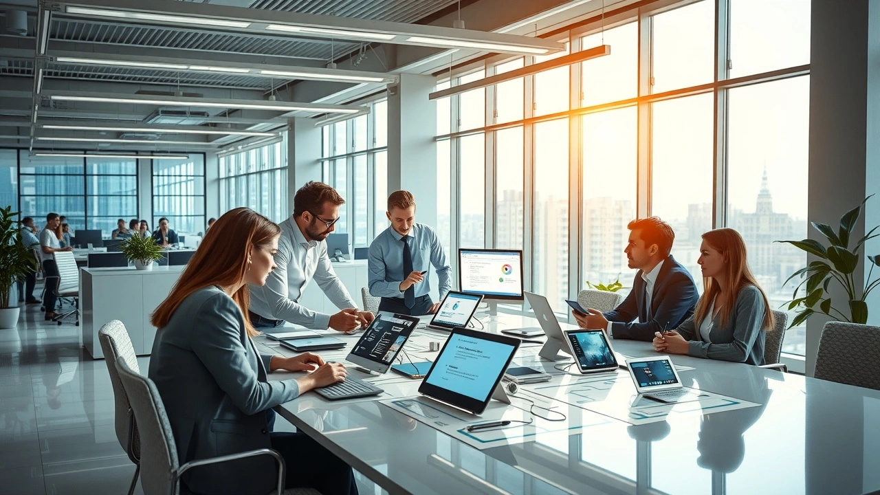 Un environnement de bureau futuriste montrant des professionnels en train de discuter autour d'une table