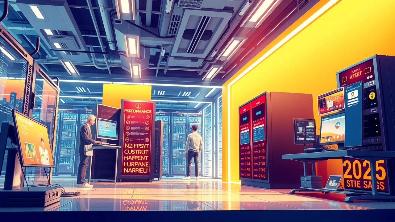 Illustration d'un environnement d'hébergement web moderne en 2025, mettant en avant la performance et le support client.