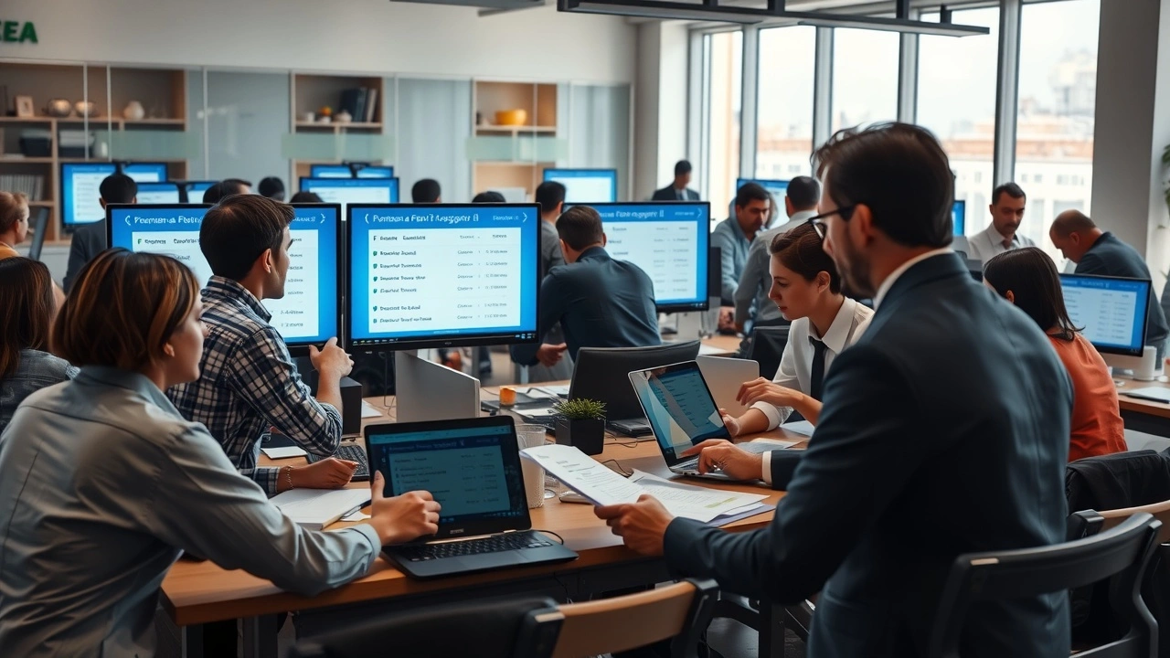 Une représentation photoréaliste d'un bureau animé où des PME françaises examinent des offres promotionnelles de registrars après l'ouverture des phases Sunrise 2025.