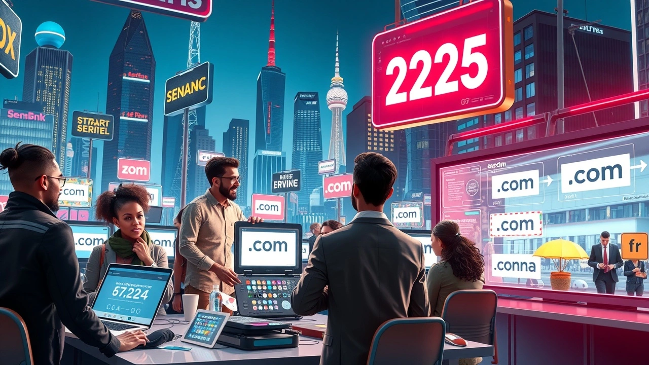 Scène futuriste montrant des entrepreneurs discutant de stratégies de noms de domaine uniques en 2025.