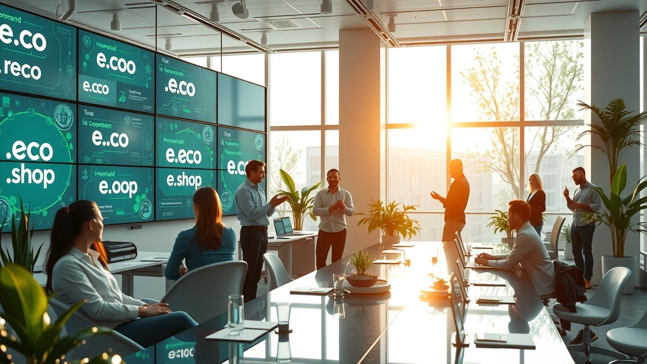 Une scène moderne d'un bureau en 2025 mettant en valeur des écrans affichant des noms de domaine thématiques comme .eco et .shop, avec des professionnels collaborant.
