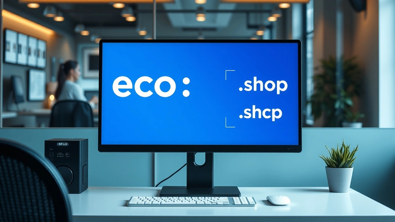 bureau moderne avec un ordinateur affichant des extensions de domaine