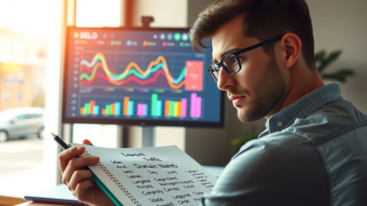 Une image photoréaliste illustrant l'impact d'un nom de domaine sur la stratégie SEO, avec un bureau moderne et un graphique d'analyse.