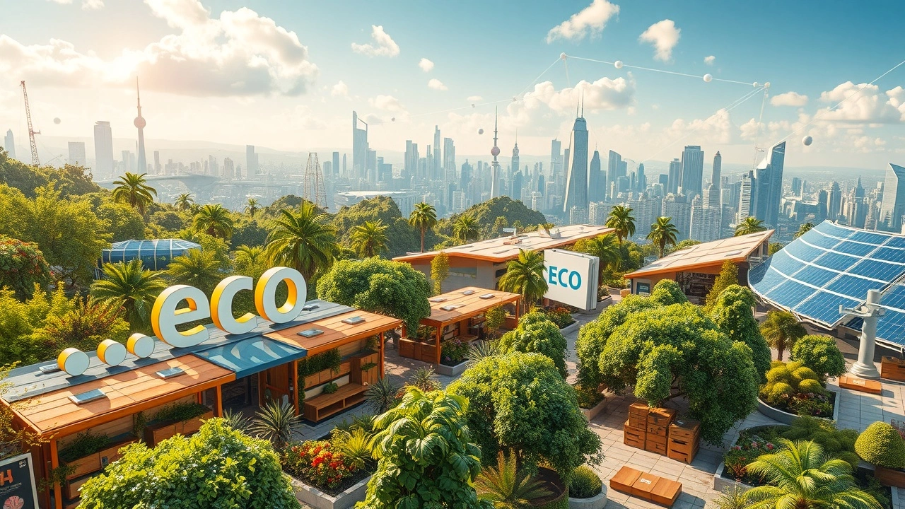 Une représentation d'un paysage numérique futuriste avec des extensions de domaine comme .eco et .shop, illustrant la durabilité et le commerce.