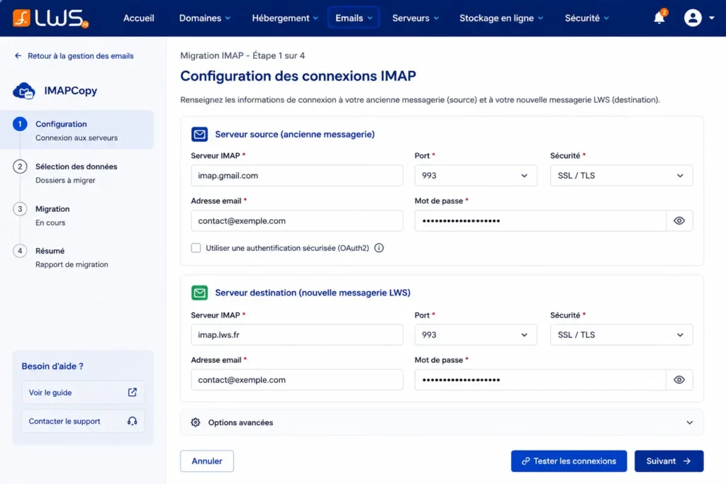 [Capture d’écran Configuration de la migration IMAP dans ImapCopy LWS]