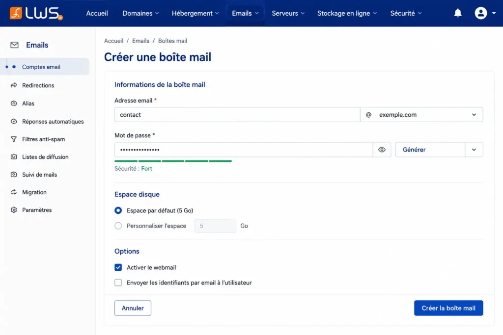 Création d’une boîte mail dans le panel LWS