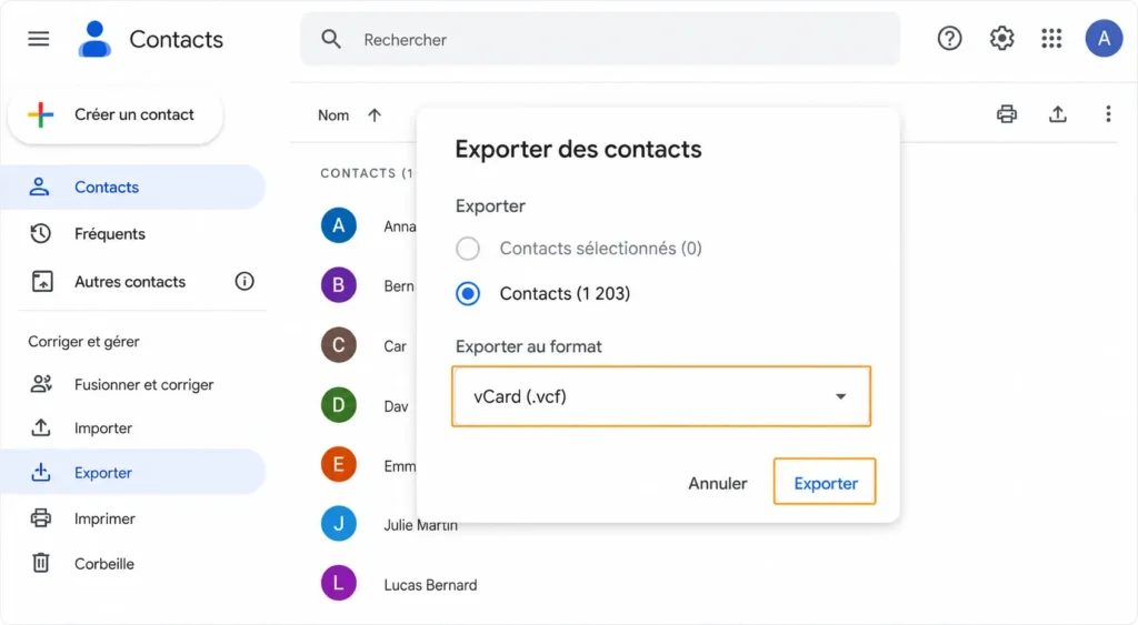 Export des contacts Gmail au format vCard