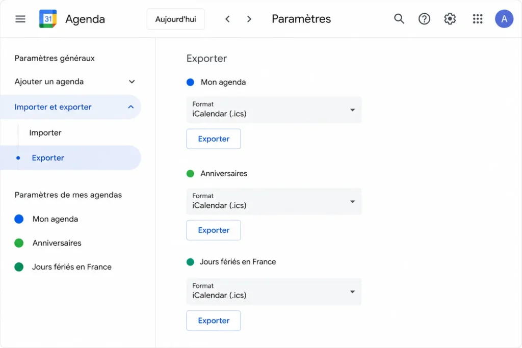 Export d’un agenda Google au format ICS