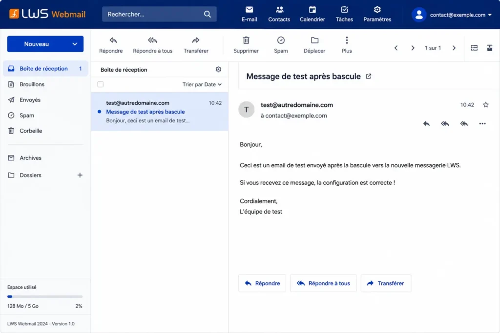 Test de réception dans le webmail LWS après bascule